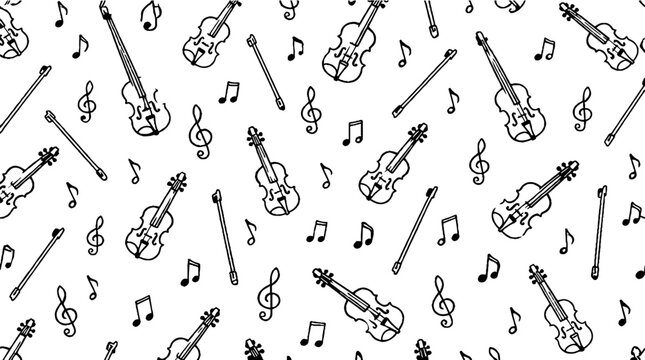 Black and white musical instruments and notes pattern.