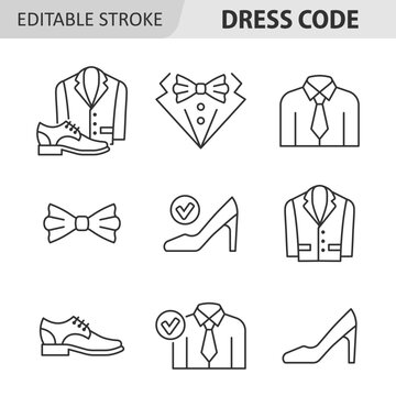 Clothing for formal event line icon set. Suit, shirt, bow tie and high heel shoe vector symbols. Dress code guidelines and professional attire elements for business style concept. Editable stroke.