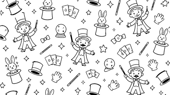 Whimsical magic show illustrations with rabbits and hats.