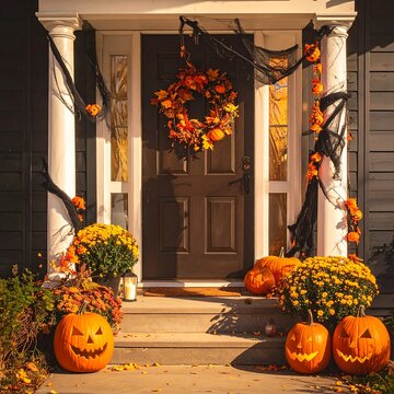 Festive Halloween Front Porch Decorated with Jack O Lanterns and Autumn Wreath at Sunset