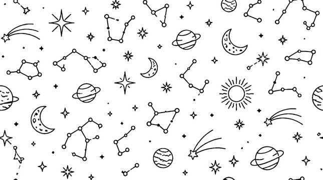 Whimsical space icons and celestial symbols pattern.