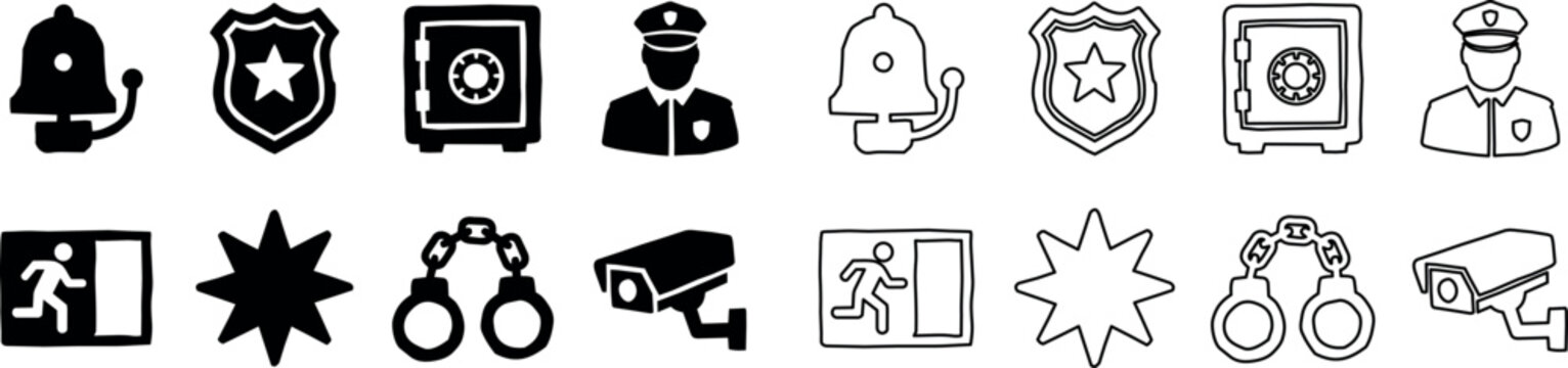 Black and white security icons including bell, badge, safe, officer, exit, star, handcuffs, and camera