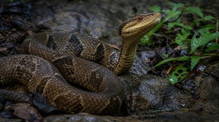 Fototapeta premium Venomous Pit Viper Snake Coiled in Lush Green Forest Undergrowth.