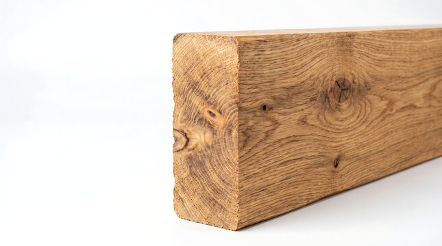 Close-up view of a sturdy, rustic wooden beam showcasing its natural grain and texture, with a freshly cut end on a clean white background, ideal for construction and design themes