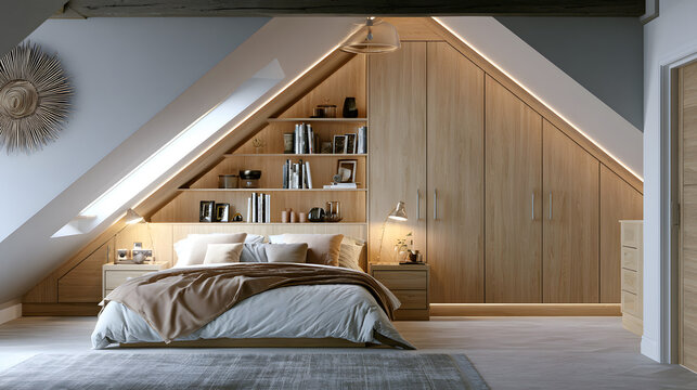 A contemporary loft bedroom remodel including a custom-designed wardrobe installed beneath a sloped ceiling.