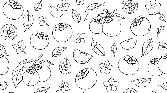 Detailed line art of persimmons and leaves with flowers.