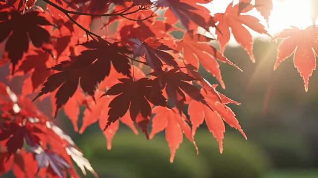 Red maple leaves in autumn with bright sunlight flare.