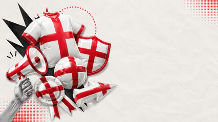 Obraz premium England football supporter background banner with inflatable fan merchandise accessories and copy space over textured background
