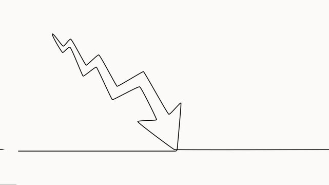 Animated self drawing Continuous one line drawing of Downward trend line, decreasing graph, arrow pointing down, business chart, motion graphic vector illustration on white background.