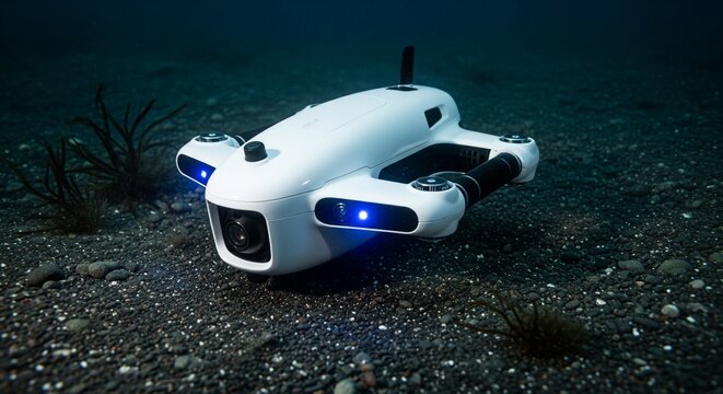 Underwater drone exploring the dark seabed with illuminated led lights