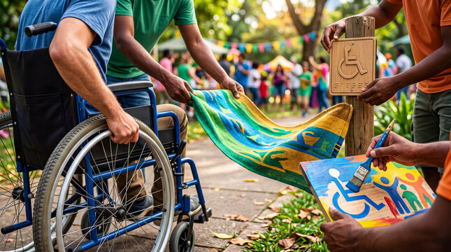 African American man in wheelchair assisted by male friends at outdoor community festival. Promoting accessibility inclusion and awareness in public events