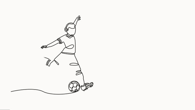 Animated self drawing of continuous line drawing of a soccer player kicking a ball. Full-length one-line animation. Single one-line art of a young man playing soccer ball vector on white background.