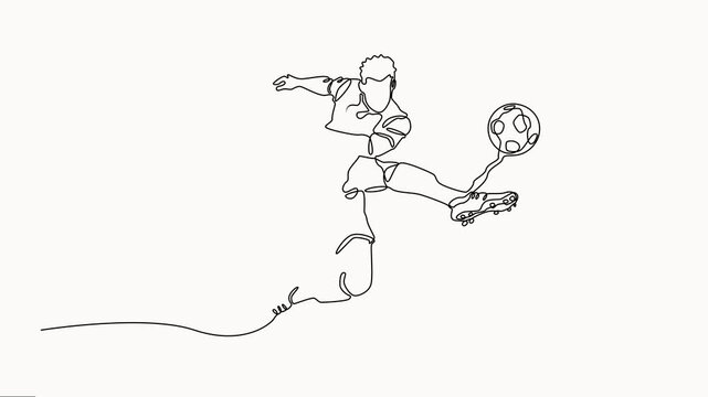 Animated self drawing of continuous line drawing of a soccer player kicking a ball. Full-length one-line animation. Single one-line art of a young man playing soccer ball vector on white background.