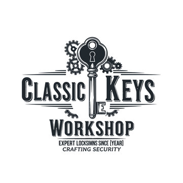 Vintage locksmith workshop logo with skeleton key and gears.