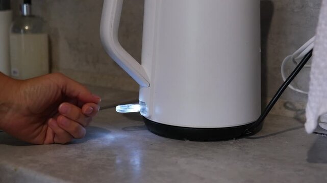 Checking the electric kettle for readiness before making tea in a kitchen setting