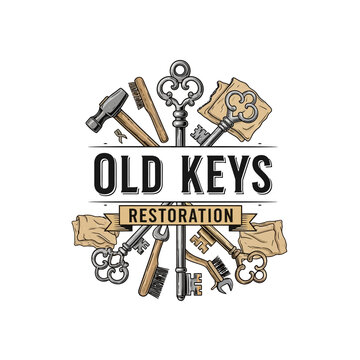 Vintage old keys restoration logo with hammers and brushes.