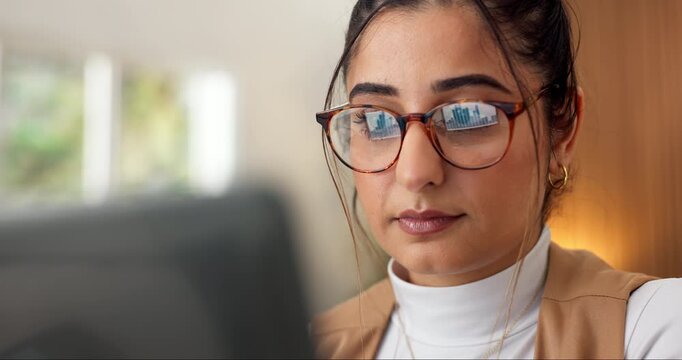 Laptop, glasses and businesswoman in home with freelance career for finance project with budget planning. Computer, reading and female financial advisor with remote work on investment report in house