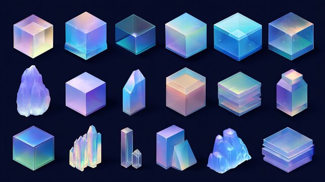 Set of transparent geometric shape with gradient colors on black shapes square