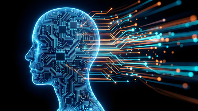 Human head profile formed by digital circuitry and glowing data streams representing artificial intelligence and advanced neural network machine learning