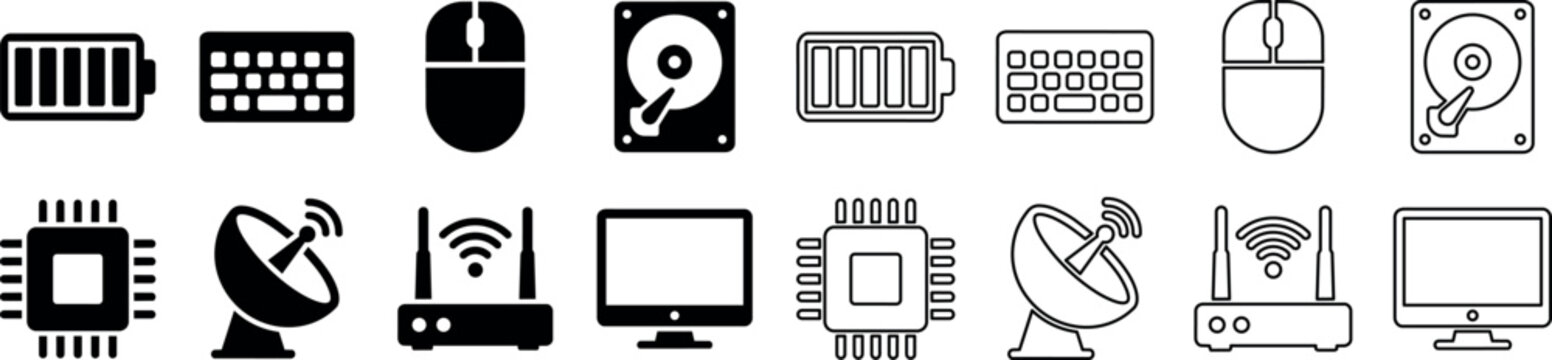 Computer hardware and networking device icons including battery, keyboard, mouse, hard drive, chip, satellite dish, router, and monitor