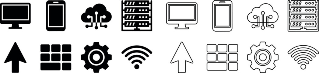 Fototapeta premium Technology and digital devices icon set with computer, smartphone, cloud, server, arrow, grid, gear, and wifi symbols