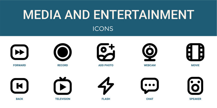 Set of 10 outline Media and Entertainment icons for reports, landing pages and application screens. Editable stroke icon pack including forward, record, movie, back and speaker.