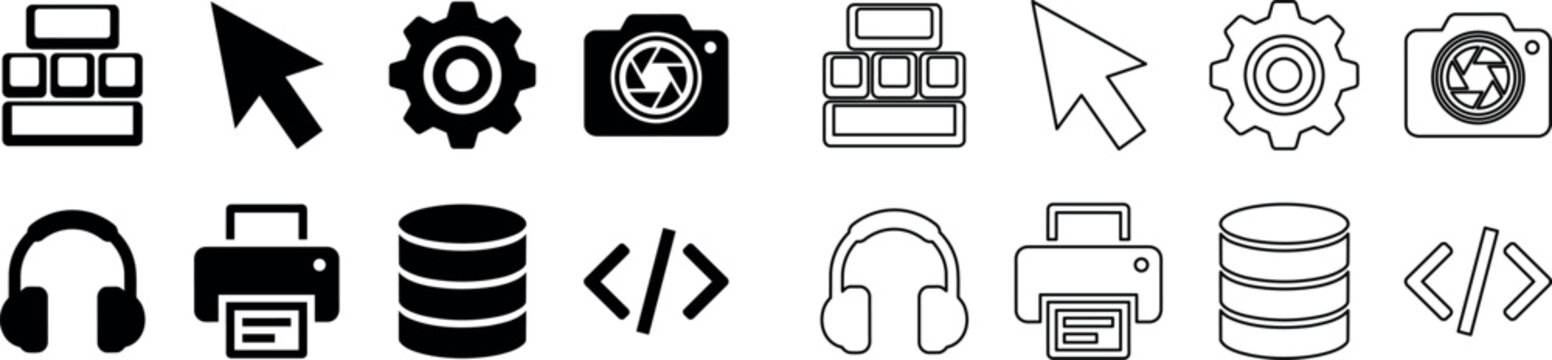 User interface and technology icon set with cursor, gear, camera, headphones, printer, database, and code symbols