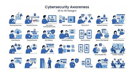 Cybersecurity awareness and digital data protection flat vector icon set with cybersecurity security protection internet authentication encryption password firewall software verified © Shaon
