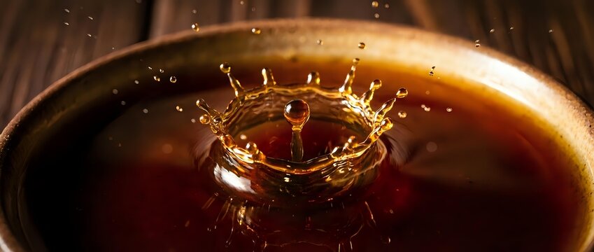 Liquid splash frozen in time creating a crown-like formation in dark amber beverage, suitable for advertising drinks, beverages, and commercial product photography.