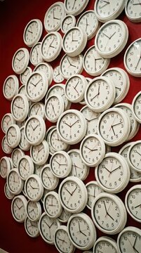 Wall display of many round white analog clocks with black hands on a dark red background