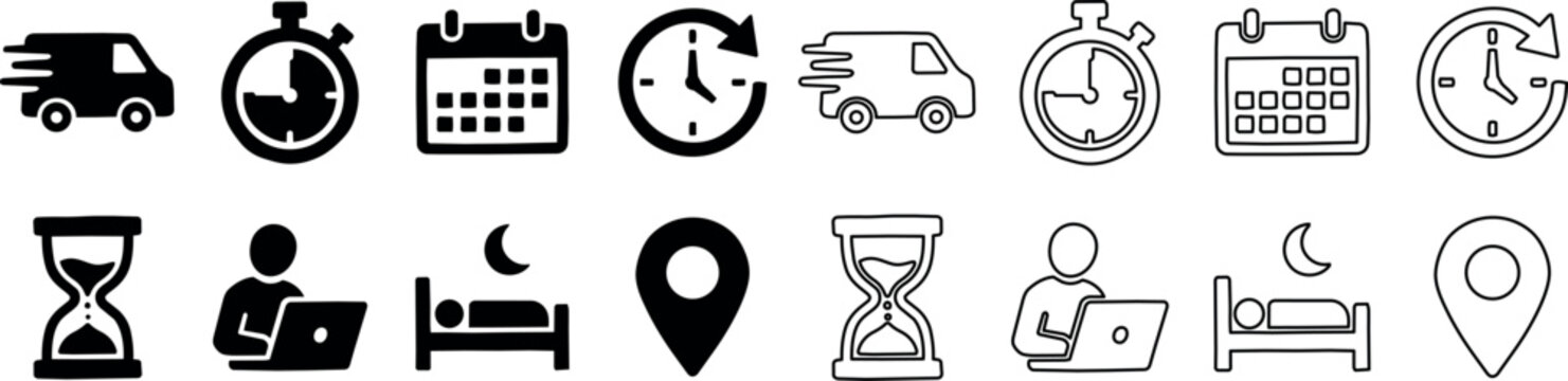 Time management and scheduling icons including delivery, stopwatch, calendar, clock, hourglass, working person, sleeping, and location pin
