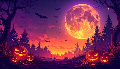 満月とかぼちゃのハロウィン夜空背景 © hana