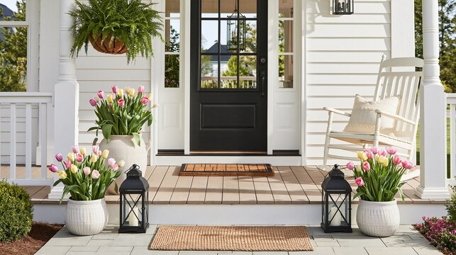 Bright spring front porch with pastel tulips in ceramic pots, a woven coir doormat, hanging basket fern, and lightweight lanterns beside a painted rocking chair, styled with affordable seasonal