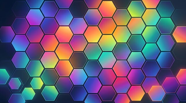 Vibrant neon abstract background featuring glowing colorful hexagonal pattern with digital geometric shapes and futuristic gradient light effects