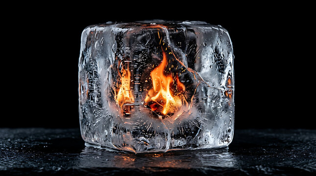 A conceptual image of a single, large, clear ice cube with a vibrant, glowing orange flame burning inside it, set against a dark, reflective surface and a black background