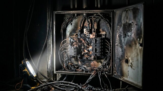 A damaged electrical circuit breaker box with exposed wiring and burnt components.