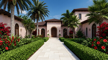 Naklejka premium A luxurious mediterranean villa featuring a grand stone walkway surrounded by lush tropical landscaping and vibrant red flowers under a clear blue sky