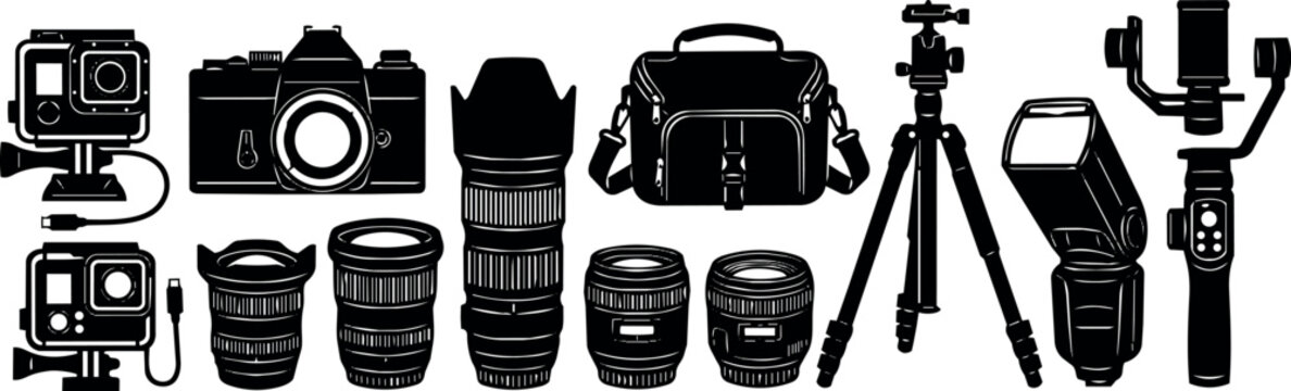 Silhouettes of photography equipment including cameras, lenses, tripod, camera bag, flash, and stabilizer