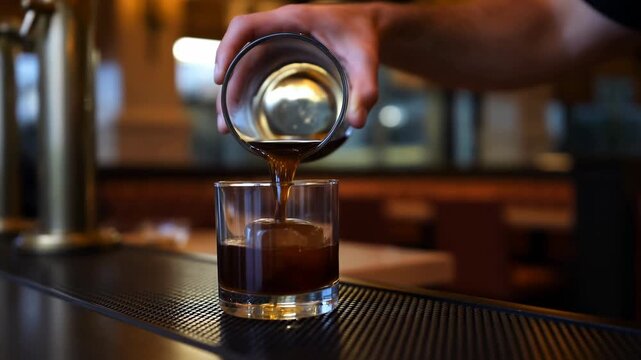 Mid-sequence close-up of bartender pouring dark spirit into tumbler with single large ice cube on