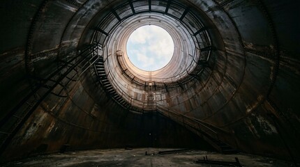 Naklejka premium A view from inside a dark abandoned cylindrical concrete structure looking up at a bright circular opening in the sky.