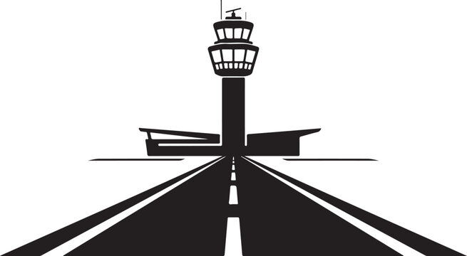 Minimalist airport control tower silhouette icon with runway perspective view aviation transport