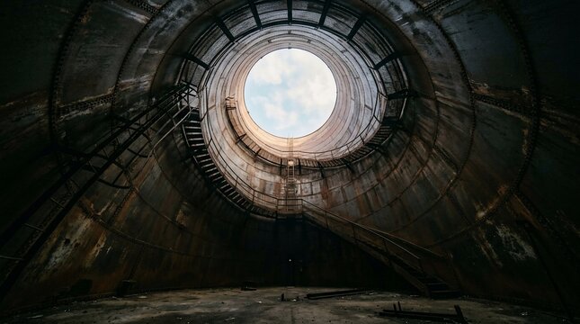 A view from inside a dark abandoned cylindrical concrete structure looking up at a bright circular opening in the sky.