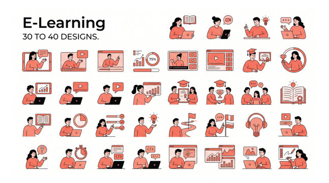 E-learning and digital education online training vector illustration collection with e learning education learning training knowledge academic classroom university internet development