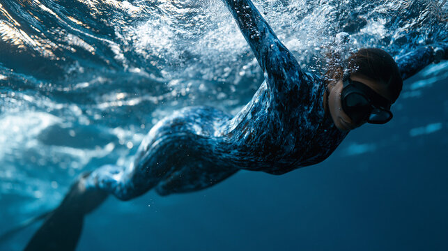 Competitive freediver descending monofin silhouette into deep ocean blue, equalizing pressure at thirty meters, wetsuit streamlined, safety lanyard trailing, bubbles rising past motionless body, bre