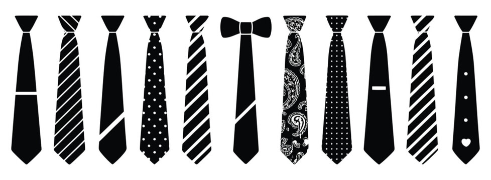 Set of Various Necktie Styles and Bow Tie Icon Collection for Business Accessories, Formal Wear, Fashion Clothing, Corporate Dress Code and Elegant Style Concepts, Vector Designs
