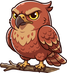 Obraz premium A pixel art cartoon owl with a grumpy expression sits on a tree branch. Its feathers are brown and yellow. The illustration is detailed.