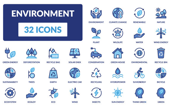 Environment and ecology icons set with nature symbols