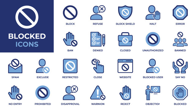Blocked and prohibited icons set in blue style