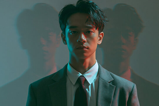 Conceptual Psychological Portrait Of A Man In Suit With Double Exposure Alter Ego Effect