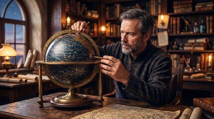 Obraz premium Man astrologer examining vintage celestial globe in library. Expert researching star constellations and zodiac signs for horoscope reading. Mystical occult science and astrology study